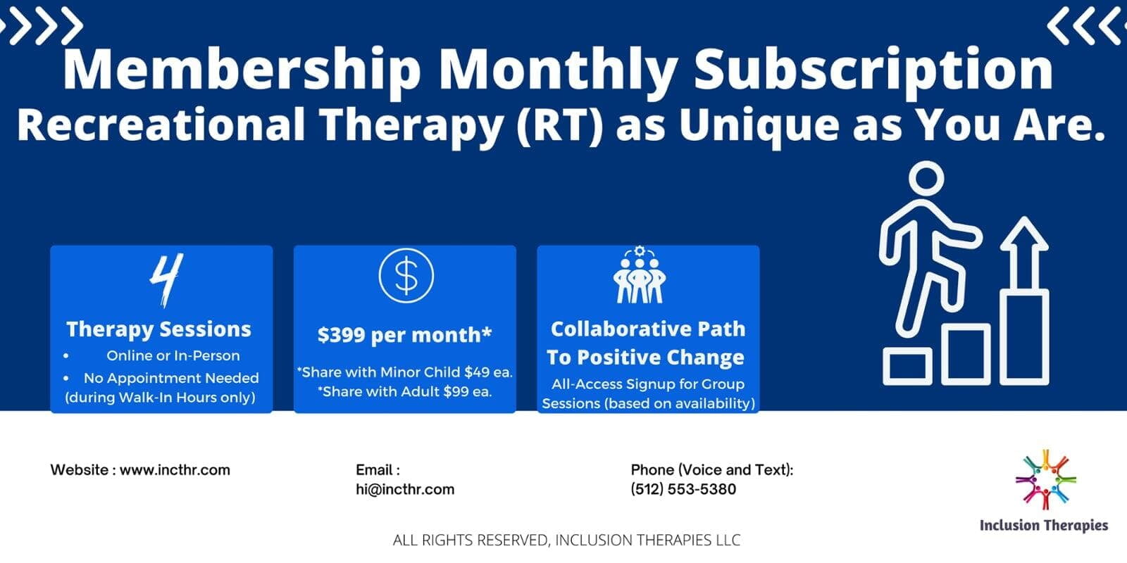 Graphic with link to membership monthly subscription recreational therapy as unique as you are, 4 therapy sessions, $399 per month, access to signup for groups